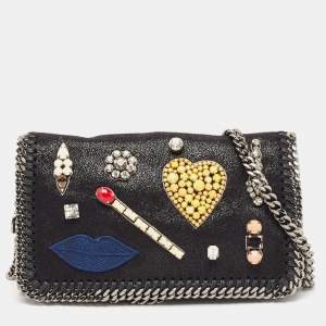 Stella McCartney Black Faux Suede Embellished Falabella Flap Crossbody Bag
