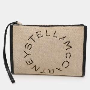 Stella McCartney Beige/Black Canvas and Faux Leather Wristlet Clutch