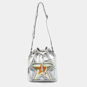 Pre Owned Stella McCartney Silver Faux Leather Star Print Bucket Bag