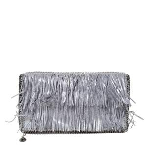 Stella McCartney Silver Faux Leather Falabella Fringed Fold Over Clutch