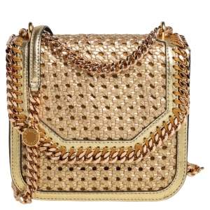 Pre Owned Stella McCartney Metallic Gold Woven Faux Leather Medium Falabella Box Shoulder Bag  