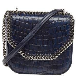 Pre Owned Stella McCartney Navy Blue Croc Embossed Faux Leather Falabella Star Box Bag