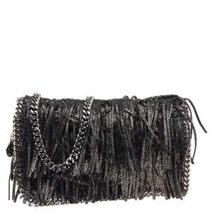 Pre Owned Stella McCartney Metallic Black Faux Leather Fringe Fallabella Crossbody Bag