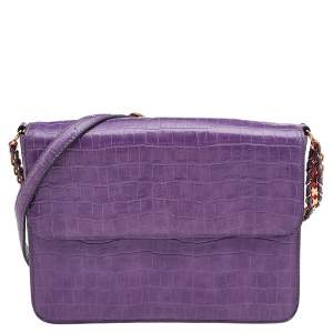 Pre Owned Stella McCartney Purple Faux Crocodile Leather Flap Crossbody Bag