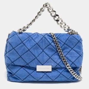 Pre Owned Stella McCartney Blue Quilted Faux Suede Medium Beckett Chain Bag