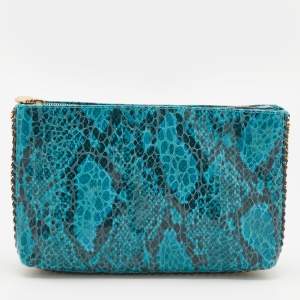 Stella McCartney Blue Faux Python Embossed Leather Side Chain Detail Clutch