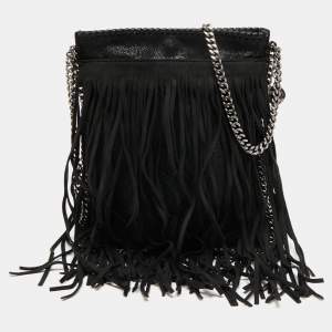 Pre Owned Stella McCartney Black Faux Suede Fringed Falabella Shoulder Bag