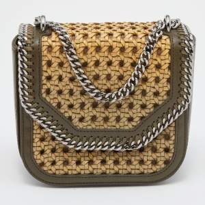 Stella McCartney Olive Green Faux Leather Falabella Box Woven Flap Bag