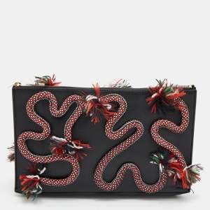 Stella McCartney Black Faux Leather Snake Rope Embellished Pouch Clutch