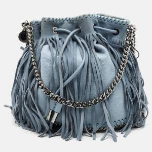 Stella McCartney Blue Faux Leather Falabella Fringe Drawstring Bucket Bag