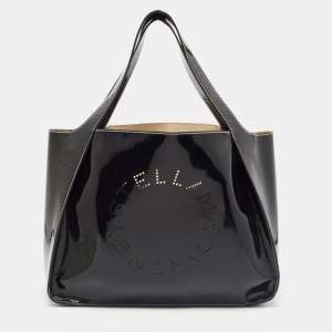 Pre Owned Stella McCartney Black Faux Patent Leather Large Logo Tote