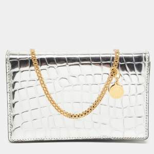 Stella McCartney Silver Embossed Crocodile Faux Leather Grace Chain Clutch