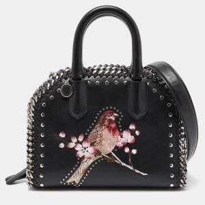 Pre Owned Stella McCartney Black Faux Leather Bird Embroidered Falabella Bag