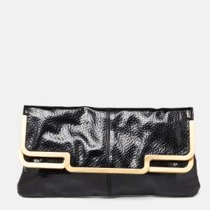 Stella McCartney Black Faux Patent Leather Metal Frame Clutch