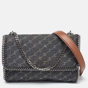 Stella McCartney Navy Blue Monogram Denim and Leather Falabella Flap Shoulder Bag