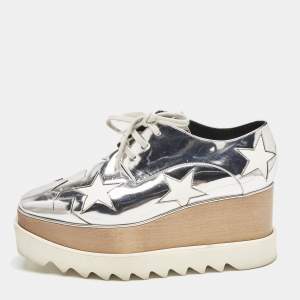 Stella McCartney Silver Faux Leather Elyse Star Platform Sneakers Size 37