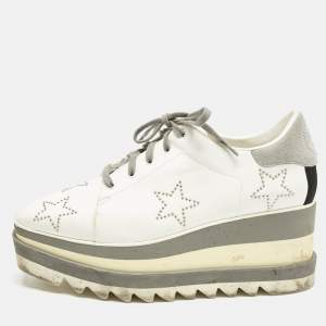 Stella McCartney White/Grey Faux Leather and Suede Elyse Star Studded Platform Sneakers Size 39