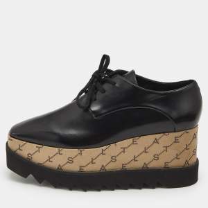Stella McCartney Black Faux Leather Monogram Elyse Platform Derby Sneakers Size 39