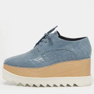 Pre Owned Stella McCartney Blue/White Faux Crocodile Leather Elyse Platform Derby Sneakers Size 37