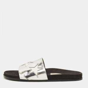 مملوكة مسبقًا Stella McCartney Size 41 Silver/White Faux Leather  Star Flat Slides 