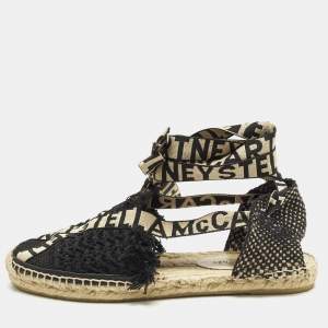 Pre Owned Stella McCartney Gaia Size 38 Black Knit Fabric Ankle Wrap Espadrille Flats