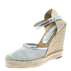 Stella McCartney Metallic Silver Fabric and Faux Leather Espadrille Wedge Sandals Size 36