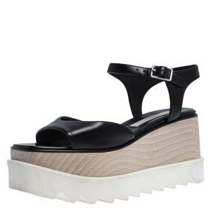 Stella McCartney Black Faux Leather Creeper Platform Ankle Strap Sandals Size 36