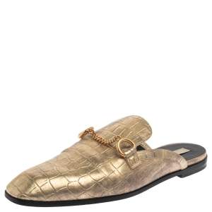 Stella McCartney Gold Faux Croc Embossed Leather Flat  Mules Size 38.5