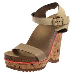 Stella McCartney Cream Suede Ankle Strap Wedge Sandals Size 39