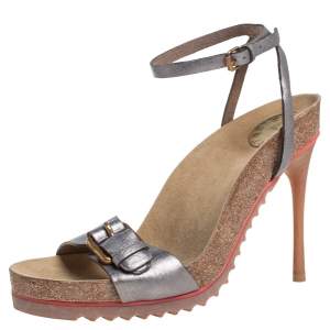 Stella McCartney Metallic Grey Faux Leather Ankle Strap Sandals Size 38