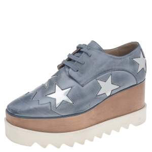 Stella McCartney Blue Faded Effect Faux Leather Elyse Star Platform Lace Up Derby Size 36.5