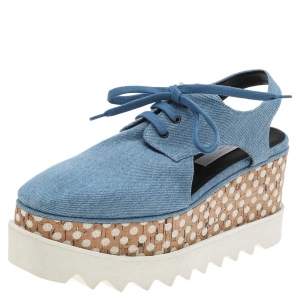 Stella McCartney Blue Cut Out Denim Elyse Platform Slingback Derby Size 36