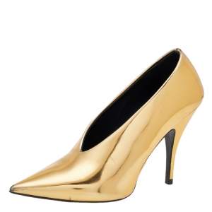 Stella McCartney Metallic Gold Faux Patent Leather V Neck Pointed Toe Pumps Size 36