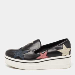 Stella McCartney Black Faux Leather Binx Star Slip On Platform Sneakers Size 40