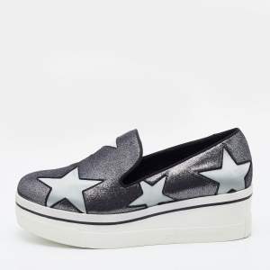 Pre Owned Stella McCartney Metallic Grey Faux Suede and Satin Binx Star Platform Slip On Sneakers Size 37