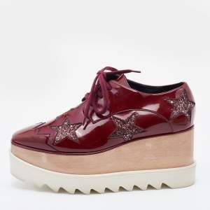 Stella McCartney Red Faux Patent Leather and Glitter Elyse Star Platform Derby Sneakers Size 36