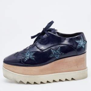 Stella McCartney Blue Faux Leather and Glitter Elyse Star Platform Derby Sneakers Size 36.5