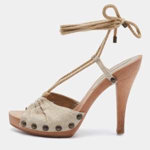 Stella McCartney Beige Fabric Wooden Platform Ankle Wrap Sandals Size 37