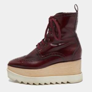 Stella McCartney Burgundy Brogue Faux Leather Elyse Platform Ankle Boots Size 37  