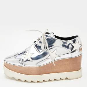 Stella McCartney Silver/White Faux Patent Leather Elyse Platform Derby Sneakers Size 39.5