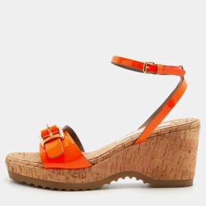 Stella McCartney Neon Orange Faux Patent Leather Cork Platform Wedge Ankle Strap Sandals Size 39