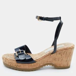 Stella McCartney Black Faux Patent Leather Cork Platform Wedge Ankle Strap Sandals Size 39