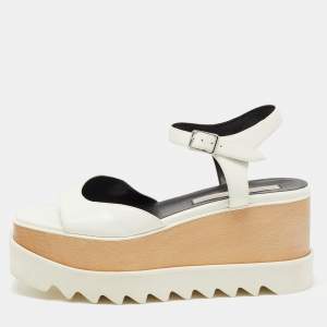 Stella McCartney White Faux Leather Ankle Strap Wedge Sandals Size 37.5