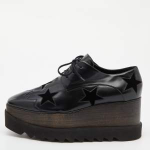 Stella McCartney Black Faux Leather and Wood Elyse Star Platform Derby Sneakers Size 39.5