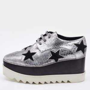 Pre Owned Stella McCartney Silver/Black Snakeskin Embossed Leather and Calfhair Elyse Star Platform Derby Size 38