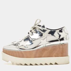 Stella McCartney Silver Faux Leather Elyse Star Wedge Sneakers Size 38