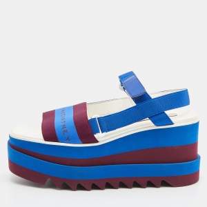Stella McCartney Blue/Burgundy Canvas Striped Platform Ankle Strap Sandals Size 37