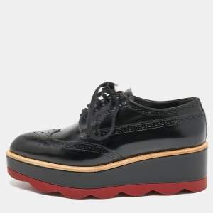 Prada Black Brogue Leather Platform Derby Sneaker Size 38.5