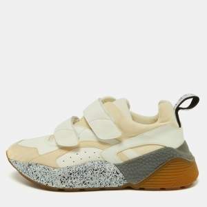 Pre Owned Stella McCartney Cream/White Faux Suede and Faux Leather Eclypse Velcro Strap Sneakers Size 40