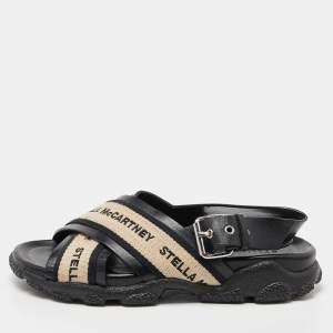 Stella McCartney Black/Beige Faux Leather and Canvas Crossover Flat Sandals Size 36